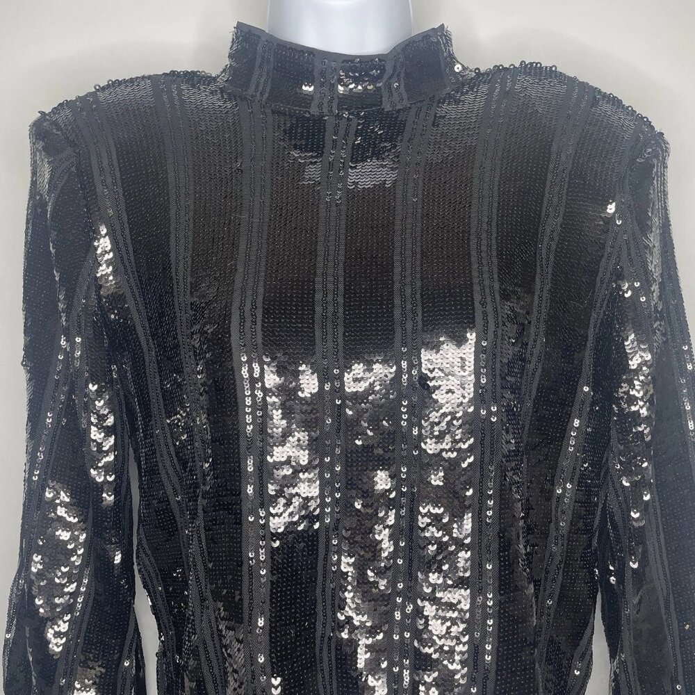 Express Black Sequin Statement Blouse Top Size S Mock Neck Padded Shoulders - Picture 2 of 8